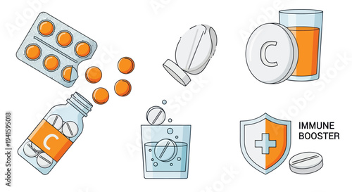 Vitamin C supplements and immune boosters in tablet pill and effervescent forms.
