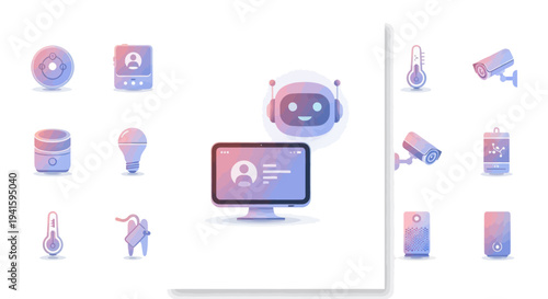 Collection of Smart Home and Technology Icons with Robot and Computer.