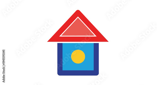 Simple house icon with red roof and yellow circle inside blue square.