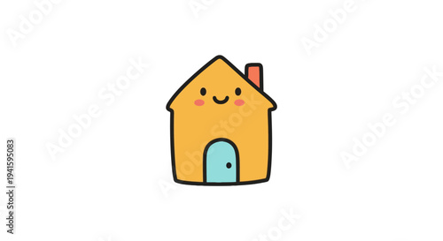 A simple cartoon house with a smiling face and a chimney.