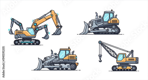 Construction Vehicles: Excavator Bulldozer and Crane Illustrations.
