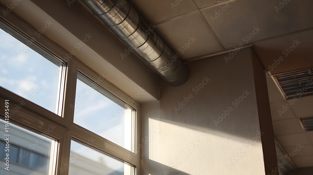 Obraz premium Sunlight streaming through a window illuminating a metal duct in an interior room