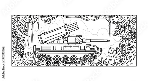 Military Tank with Rocket Launcher in Jungle Camouflage - Line Art Coloring Page