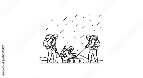 Military team setting up camp in heavy snowfall, survival gear, winter expedition