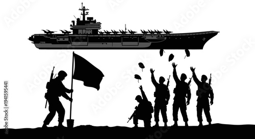 Military Victory Celebration: Soldiers Raise Flag, Aircraft Carrier Drops Supplies