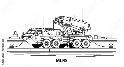 MLRS Rocket Launcher Military Vehicle - Line Art Illustration