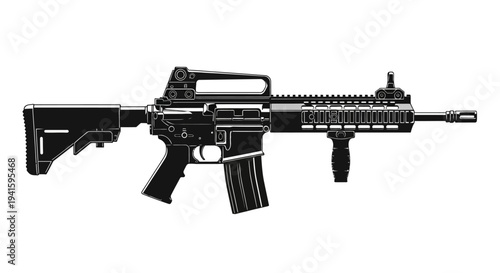 Modern Assault Rifle Silhouette - Black and White Vector Illustration