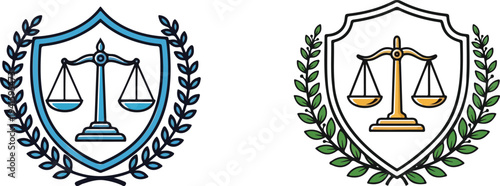 Vector art of a scale of justice within a laurel wreath shield isolated on white Art & Illustration