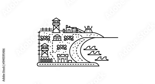 Minimalist Line Art of a Fortified Island with Lighthouse and Waves