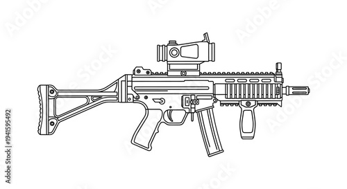 Modern Assault Rifle with Red Dot Sight and Collapsible Stock - Line Art