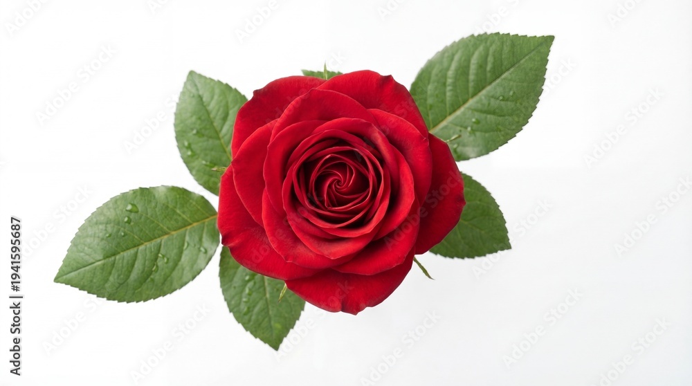 Fototapeta premium Red rose with fresh green leaves 
