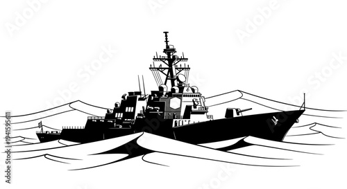 Modern Warship Sailing Through Rough Seas, Military Naval Vessel in Action