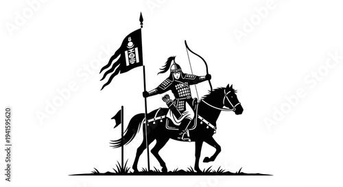 Mongol Warrior Archer on Horseback with Flag - Historical Illustration