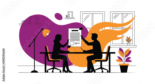 Vector illustration of two people working at a desk in an office