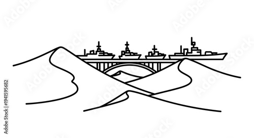 Naval fleet crossing desert landscape via bridge, surreal concept art