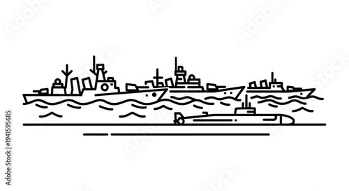 Naval Fleet: Warships and Submarine Illustration, Military Sea Power