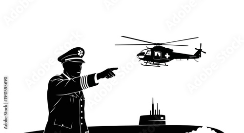 Naval Commander Directs Helicopter and Submarine in Military Operation
