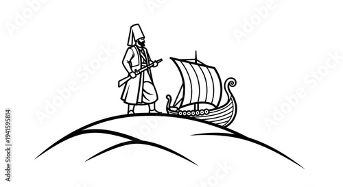 Ottoman soldier with rifle and Viking ship on a hill, historical illustration
