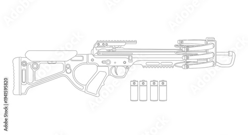 Outline of a modern crossbow with arrows, isolated on white background