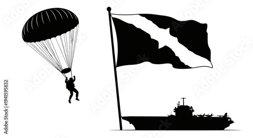 Parachutist Descends Near Aircraft Carrier and Flag