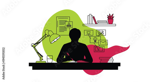 Vector illustration of person working at desk with office supplies
