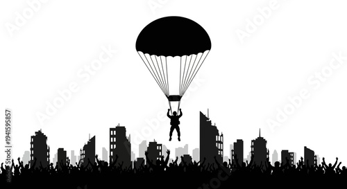 Parachutist Descends Over Ruined City Silhouette with Crowd