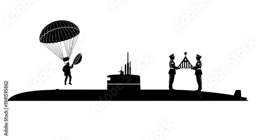 Parachutist Jumps Onto Submarine Deck With American Flag Ceremony