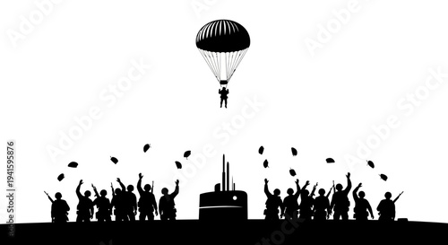 Paratrooper Descends as Soldiers Celebrate and Throw Hats in the Air