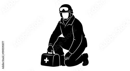 Paramedic Kneeling with First Aid Kit, Emergency Medical Services, Trauma Care