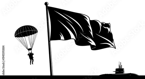 Paratrooper descends near flag and submarine, symbolizing military operation and strategy.
