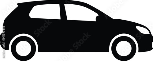 Minimal vector silhouette, hatchback car side view compact vehicle, solid black, isolated on white background