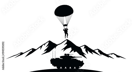 Paratrooper Descends onto Mountain Peak Above Tank Silhouette