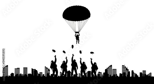 Paratrooper Descends on City Skyline as Soldiers Celebrate Below