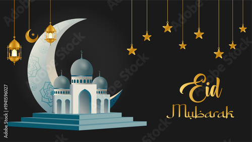 Flat design of decorative Eid Mubarak  banner background | 3d Islamic background with golden moon, star, lamp | Futuristic festival celebration Gunmetal background mock up