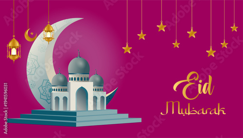 Flat design of decorative Eid Mubarak  banner background | 3d Islamic background with golden moon, star, lamp | Futuristic festival celebration Rosewood background mock up