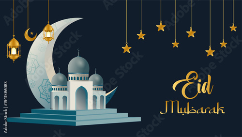 Flat design of decorative Eid Mubarak  banner background | 3d Islamic background with golden moon, star, lamp | Futuristic festival celebration background mock up on ink black background