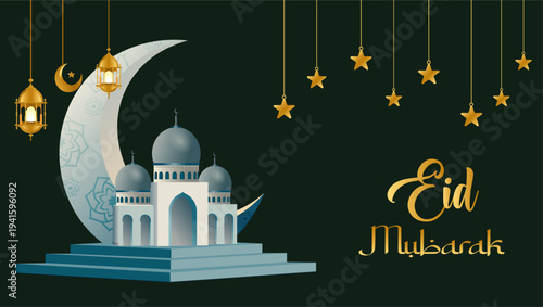 Flat design of decorative Eid Mubarak  banner background | 3d Islamic background with golden moon, star, lamp | Futuristic festival celebration background mock up