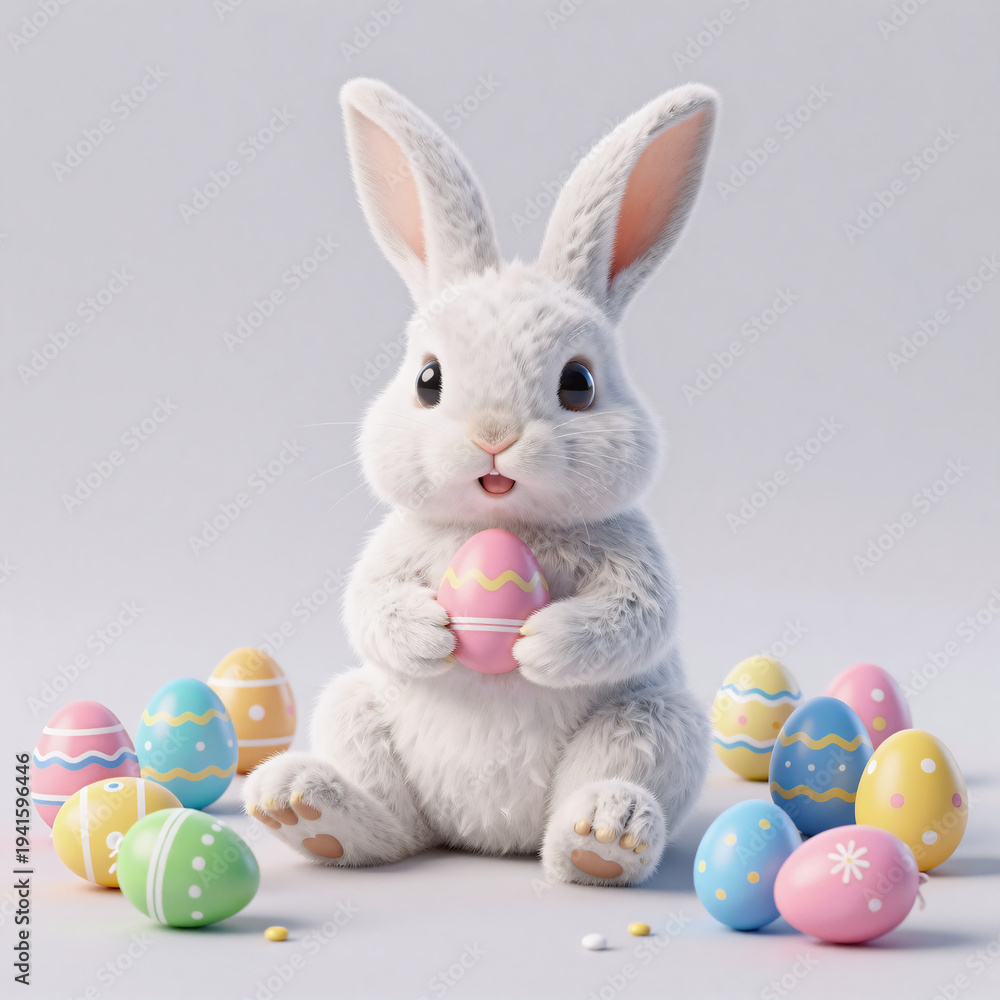 Fototapeta premium concept art, cute cartoon bunny crosslegged with easter eggs