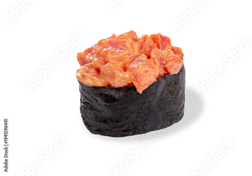 Close view of spicy gunkan sushi with creamy salmon topping wrapped in nori isolated on clean white background