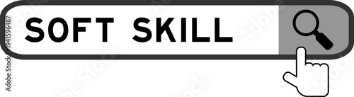 Search banner in word soft skill with hand over magnifier icon on white background