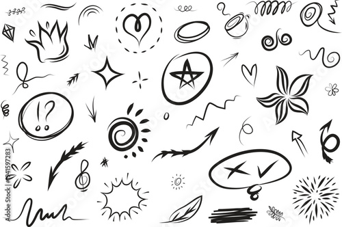 Collection of hand drawn doodle symbols and shapes