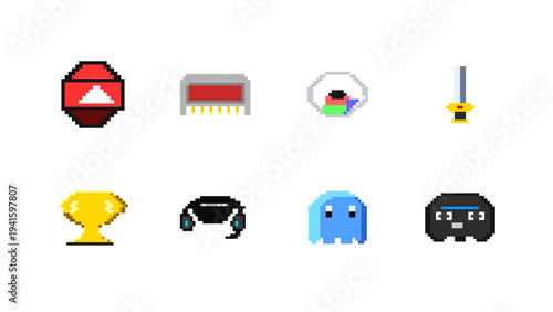 Big collection of retro video game pixel art objects and icons vector illustration set. Massive videogame asset bundle for game design. Professional 8-bit characters and items on white.