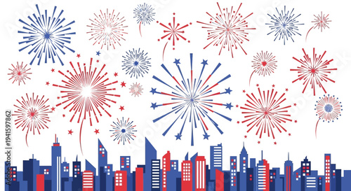 Colorful Fireworks Explosion Over City Skyline.