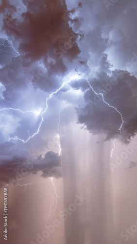 Vertical Cloud Columns Rising Into A Powerful Storm System With Lightning