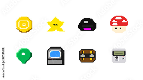 Big collection of retro video game pixel art objects and icons vector illustration set. Massive videogame asset bundle for game design. Professional 8-bit characters and items on white.