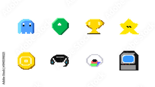 Big collection of retro video game pixel art objects and icons vector illustration set. Massive videogame asset bundle for game design. Professional 8-bit characters and items on white.