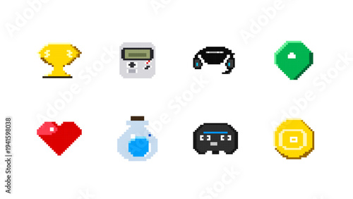 Big collection of retro video game pixel art objects and icons vector illustration set. Massive videogame asset bundle for game design. Professional 8-bit characters and items on white.
