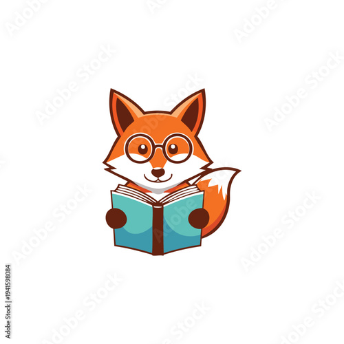 vector Cartoon Fox Wearing Glasses Reading Book