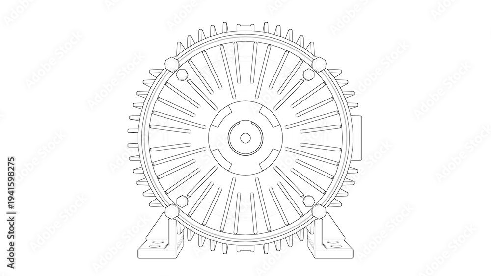 Naklejka premium Three-Phase Induction Electric Motor AC. Technical Drawing. 3D rendering isolated on white background. 3D Mesh, Sketch, Blueprint, Vector style or Drawing. Ideal for educational, engineering