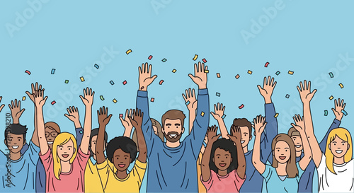 Diverse Group of People Raising Hands Together.